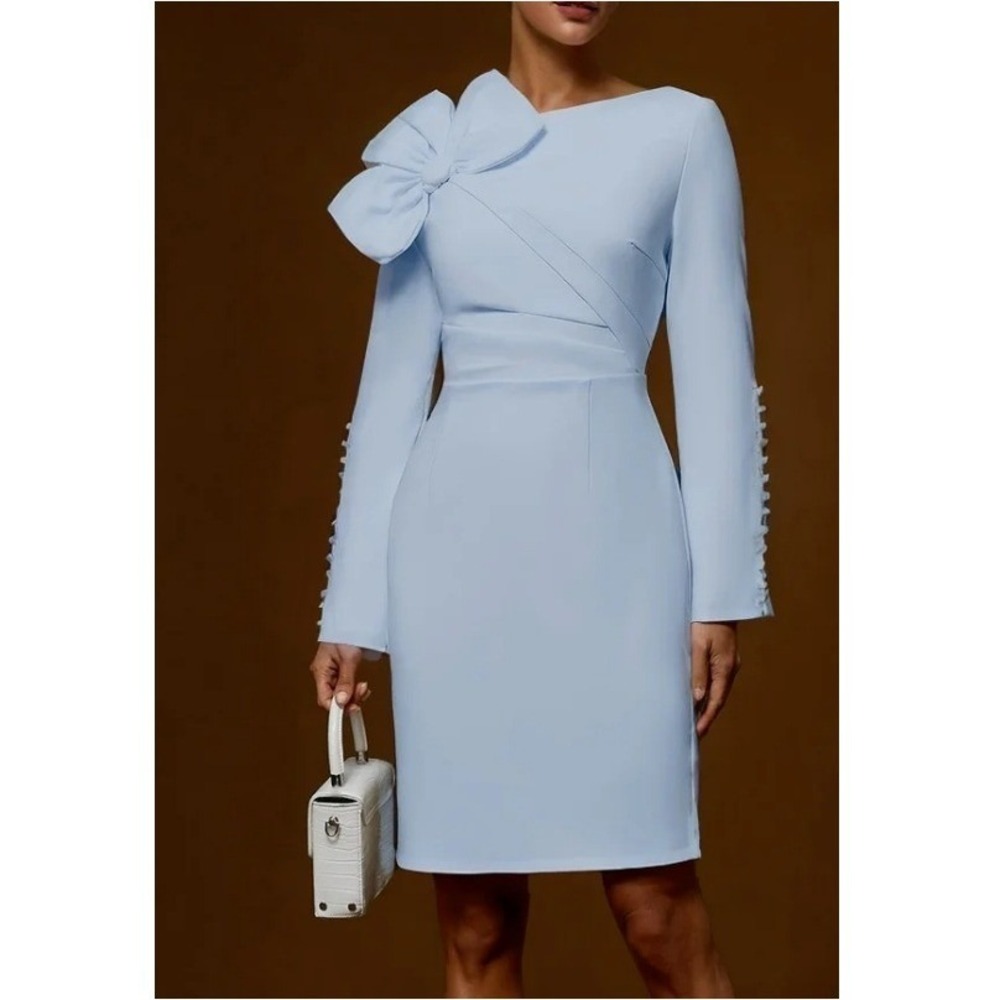 Fehaute Women's Light Blue Bow Long Sleeve Sheath Midi Dress Size‎ S